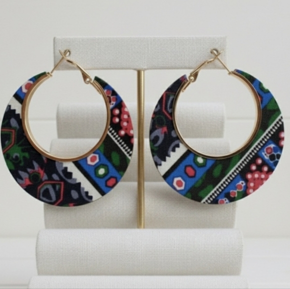 Round wooden earrings, multicolor alloy earrings, geometric design earrings. - Picture 2 of 8